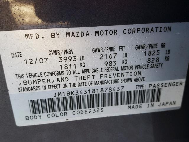 JM1BK343181878437 - 2008 MAZDA 3 HATCHBAC GRAY photo 10