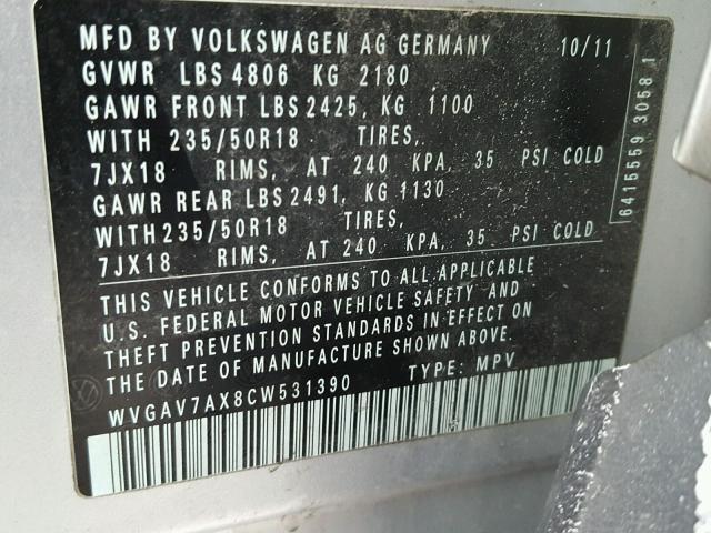 WVGAV7AX8CW531390 - 2012 VOLKSWAGEN TIGUAN S SILVER photo 10