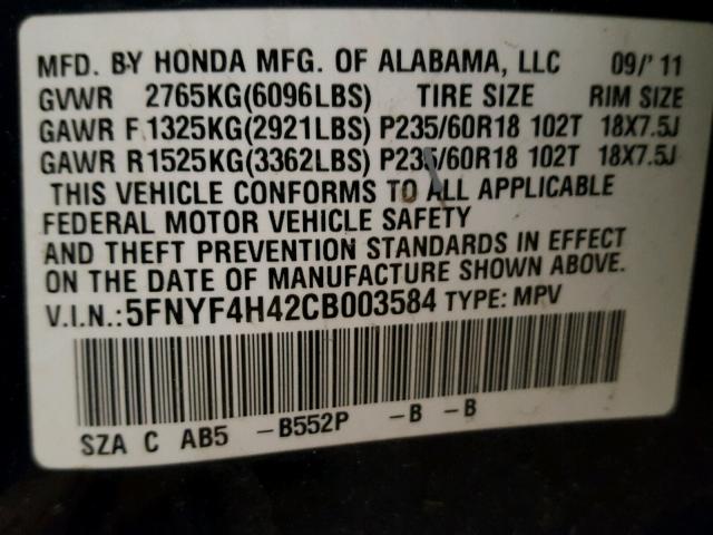 5FNYF4H42CB003584 - 2012 HONDA PILOT EX BLUE photo 10