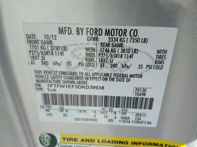 1FTFW1EF3DKD39938 - 2013 FORD F150 SUPER SILVER photo 10