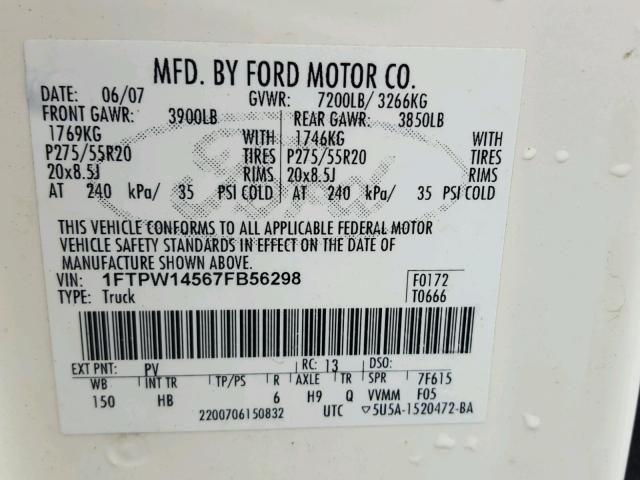 1FTPW14567FB56298 - 2007 FORD F150 SUPER CREAM photo 10