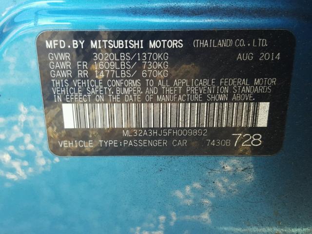 ML32A3HJ5FH009892 - 2015 MITSUBISHI MIRAGE DE BLUE photo 10