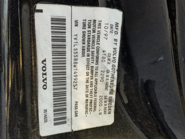 YV1LS5588W1499257 - 1998 VOLVO S70 BLACK photo 10