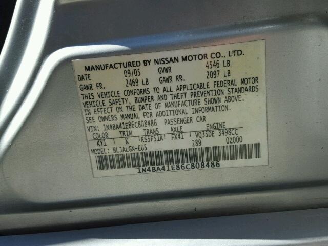 1N4BA41E86C808486 - 2006 NISSAN MAXIMA SE SILVER photo 10