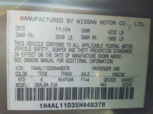 1N4AL11D35N448378 - 2005 NISSAN ALTIMA S TAN photo 10