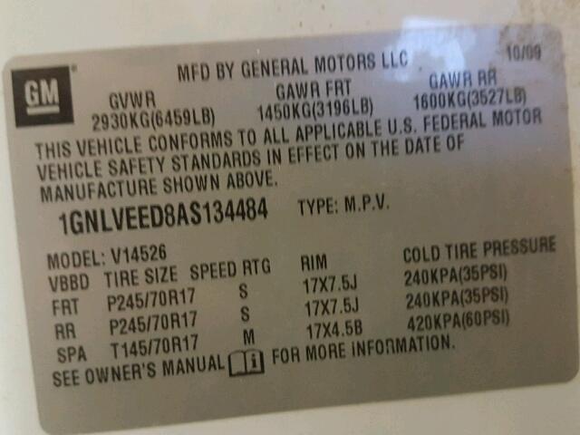 1GNLVEED8AS134484 - 2010 CHEVROLET TRAVERSE L WHITE photo 10