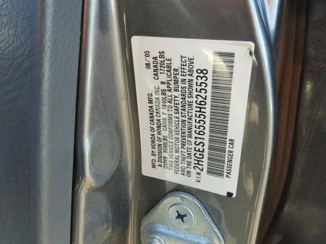 2HGES16555H625538 - 2005 HONDA CIVIC LX SILVER photo 10