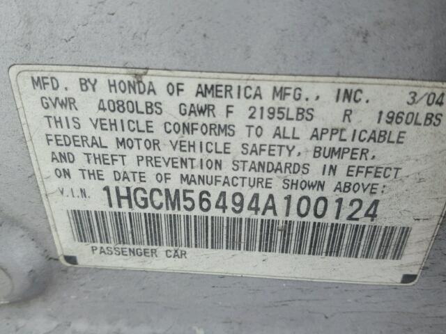 1HGCM56494A100124 - 2004 HONDA ACCORD LX SILVER photo 10