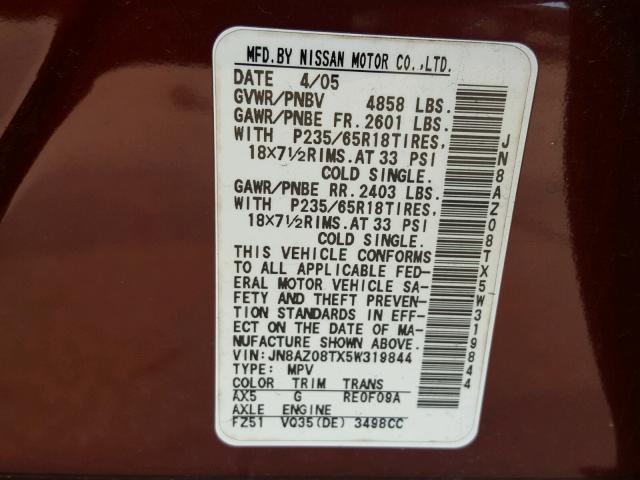 JN8AZ08TX5W319844 - 2005 NISSAN MURANO SL MAROON photo 10