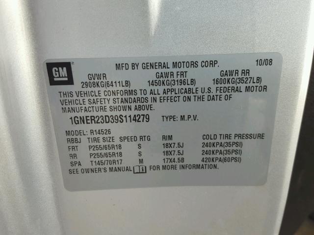 1GNER23D39S114279 - 2009 CHEVROLET TRAVERSE L GRAY photo 10