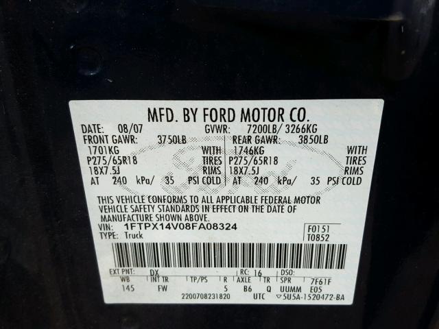 1FTPX14V08FA08324 - 2008 FORD F150 BLUE photo 10