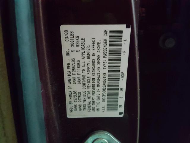 1HGCP36828A055189 - 2008 HONDA ACCORD EXL MAROON photo 10