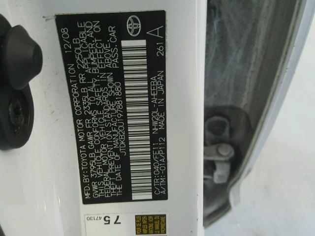 JTDKB20U197881880 - 2009 TOYOTA PRIUS WHITE photo 10