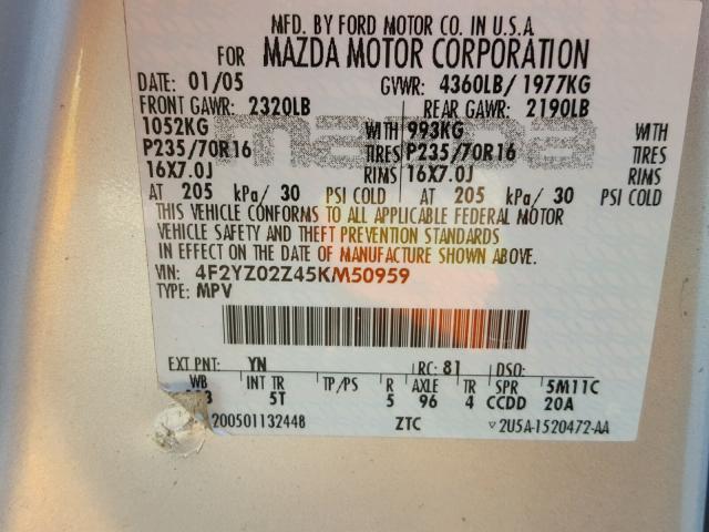 4F2YZ02Z45KM50959 - 2005 MAZDA TRIBUTE I SILVER photo 10