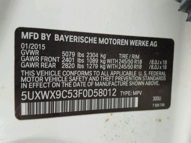 5UXWX9C53F0D58012 - 2015 BMW X3 XDRIVE2 WHITE photo 10