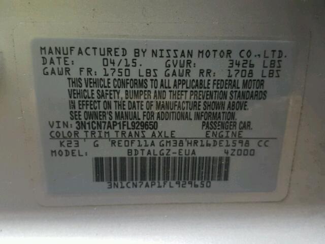 3N1CN7AP1FL929650 - 2015 NISSAN VERSA S SILVER photo 10