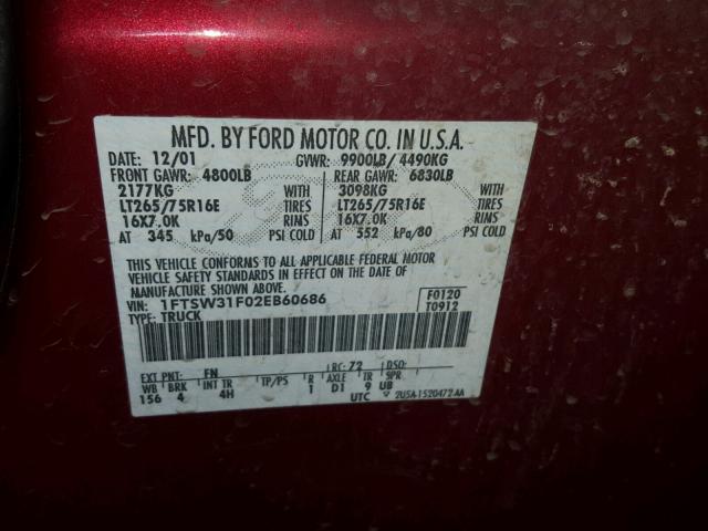 1FTSW31F02EB60686 - 2002 FORD F350 SRW S RED photo 10