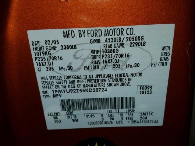 1FMYU92Z55KD28724 - 2005 FORD ESCAPE XLS ORANGE photo 10