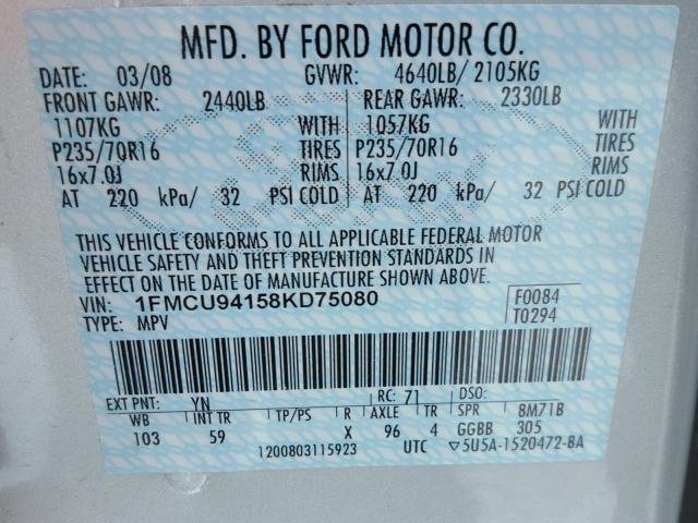 1FMCU94158KD75080 - 2008 FORD ESCAPE LIM SILVER photo 10