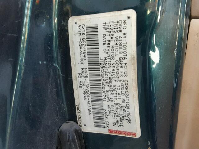 JT2BG22K5W0232741 - 1998 TOYOTA CAMRY CE GREEN photo 10