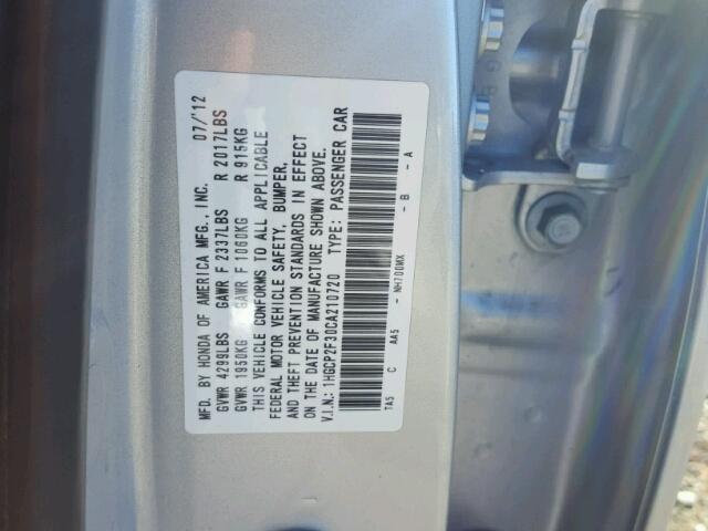 1HGCP2F30CA210720 - 2012 HONDA ACCORD LX SILVER photo 10