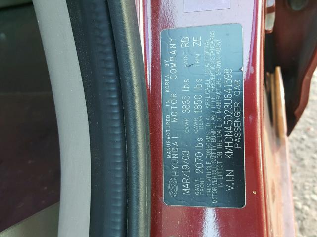 KMHDN45D23U641598 - 2003 HYUNDAI ELANTRA GL RED photo 10