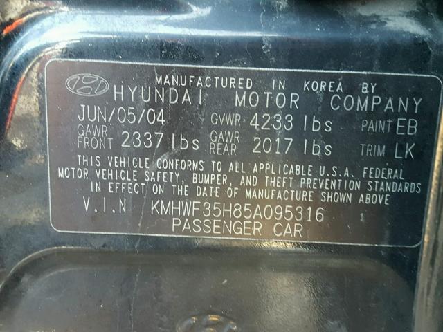 KMHWF35H85A095316 - 2005 HYUNDAI SONATA GLS BLACK photo 10