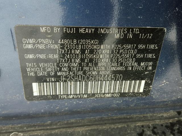 JF2SHADC6DH444570 - 2013 SUBARU FORESTER 2 BLUE photo 10