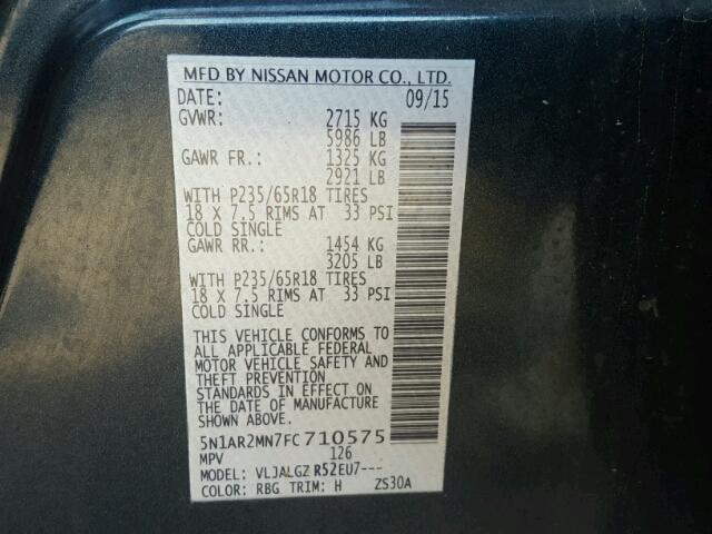 5N1AR2MN7FC710575 - 2015 NISSAN PATHFINDER BLUE photo 10