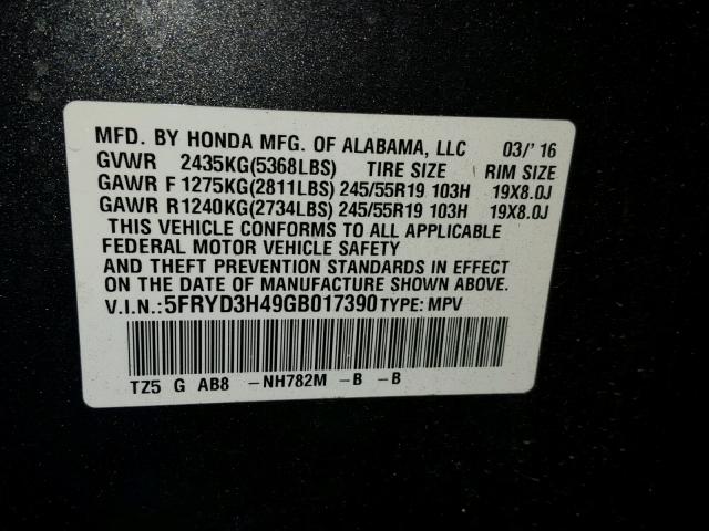 5FRYD3H49GB017390 - 2016 ACURA MDX TECHNO CHARCOAL photo 10