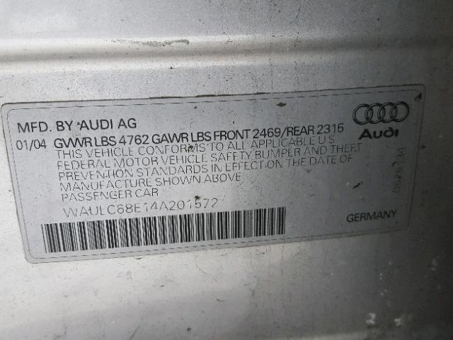 WAULC68E14A201572 - 2004 AUDI A4 1.8T QU SILVER photo 10