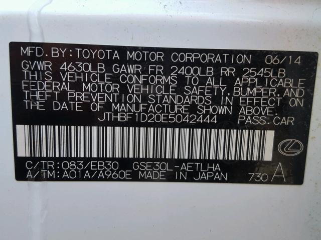 JTHBF1D20E5042444 - 2014 LEXUS IS 250 WHITE photo 10