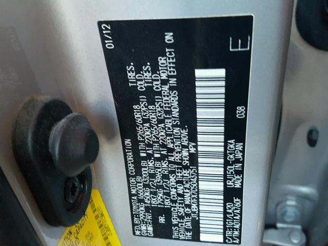 JTJBM7FX7C5043751 - 2012 LEXUS GX BASE SILVER photo 10