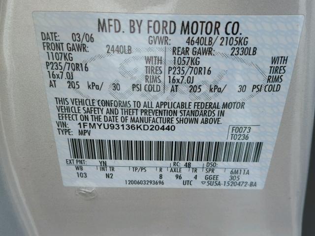 1FMYU93136KD20440 - 2006 FORD ESCAPE XLT SILVER photo 10