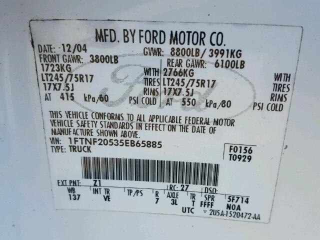 1FTNF20535EB65885 - 2005 FORD F250 SUPER WHITE photo 10