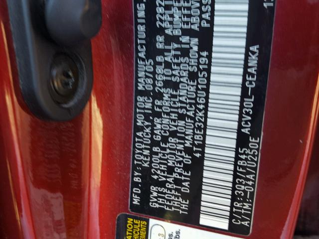 4T1BE32K46U105194 - 2006 TOYOTA CAMRY LE RED photo 10