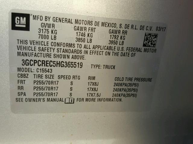 3GCPCREC5HG365519 - 2017 CHEVROLET SILVERADO GRAY photo 10