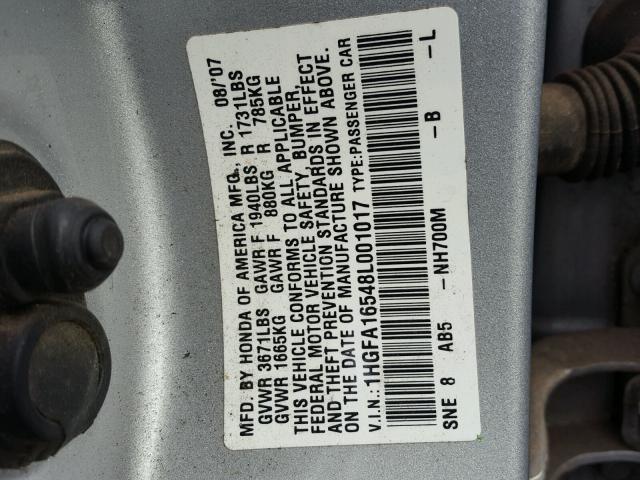 1HGFA16548L001017 - 2008 HONDA CIVIC LX SILVER photo 10