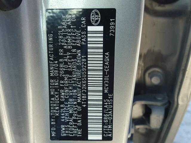 4T1BF32K65U592281 - 2005 TOYOTA CAMRY LE GRAY photo 10