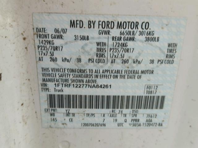 1FTRF12277NA84261 - 2007 FORD F150 WHITE photo 10