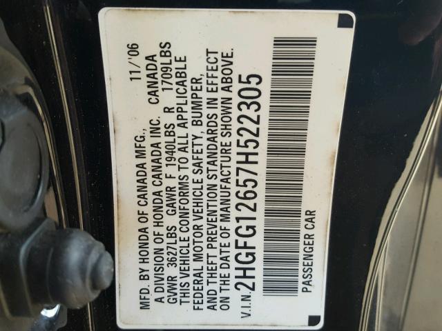 2HGFG12657H522305 - 2007 HONDA CIVIC LX BLACK photo 10