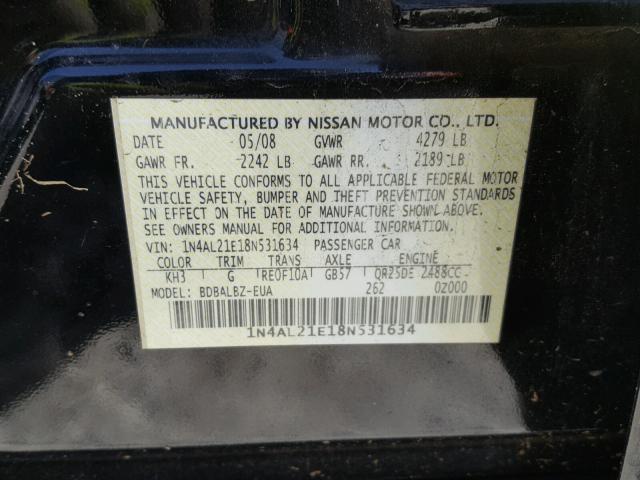 1N4AL21E18N531634 - 2008 NISSAN ALTIMA 2.5 BLACK photo 10