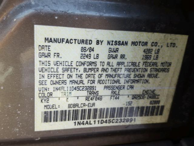 1N4AL11D45C232891 - 2005 NISSAN ALTIMA S GRAY photo 10