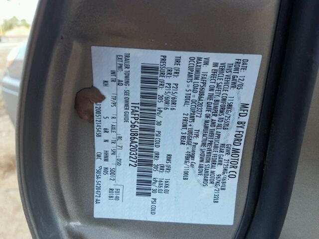 1FAFP56U86A203272 - 2006 FORD TAURUS SEL BROWN photo 10