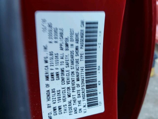 1HGCR2F52HA077140 - 2017 HONDA ACCORD SPO RED photo 10