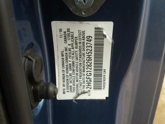 2HGFG12826H523749 - 2006 HONDA CIVIC EX ლურჯი ფოტო 10