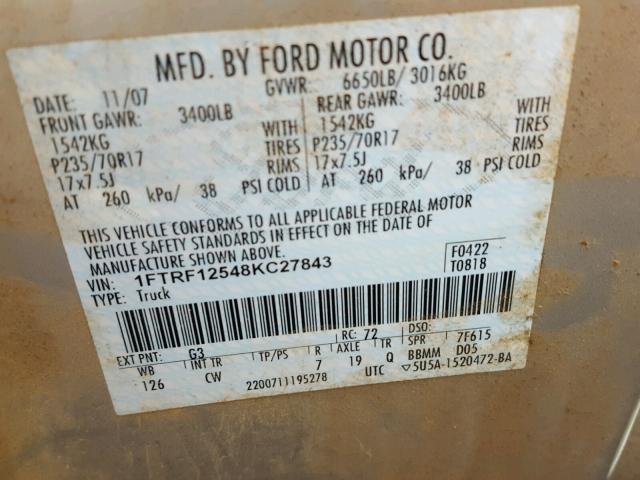 1FTRF12548KC27843 - 2008 FORD F150 TAN photo 10