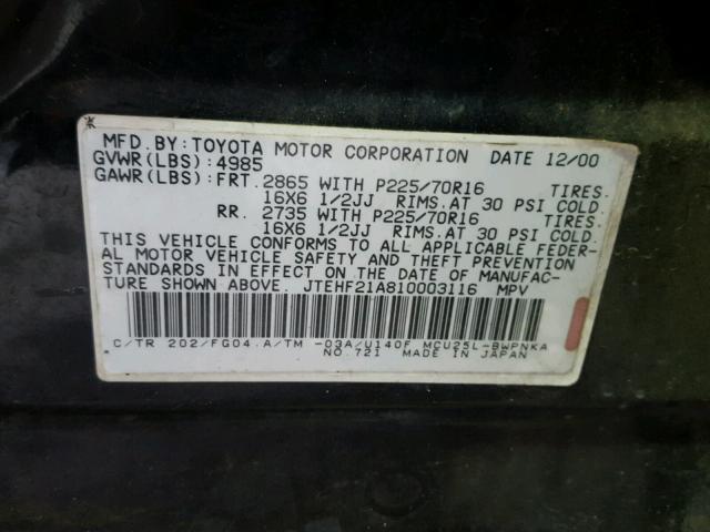 JTEHF21A810003116 - 2001 TOYOTA HIGHLANDER BLACK photo 10