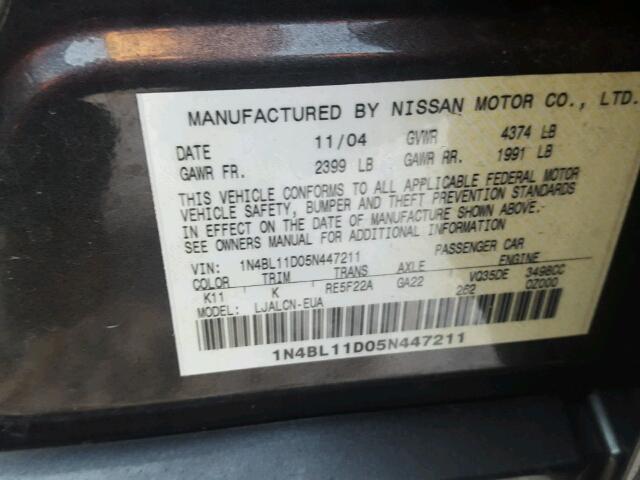 1N4BL11D05N447211 - 2005 NISSAN ALTIMA SE GRAY photo 10