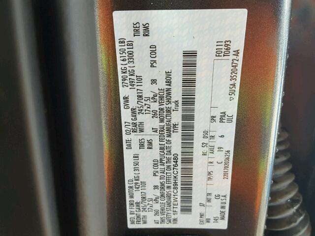 1FTEW1C89HKC76480 - 2017 FORD F150 SUPER GRAY photo 10